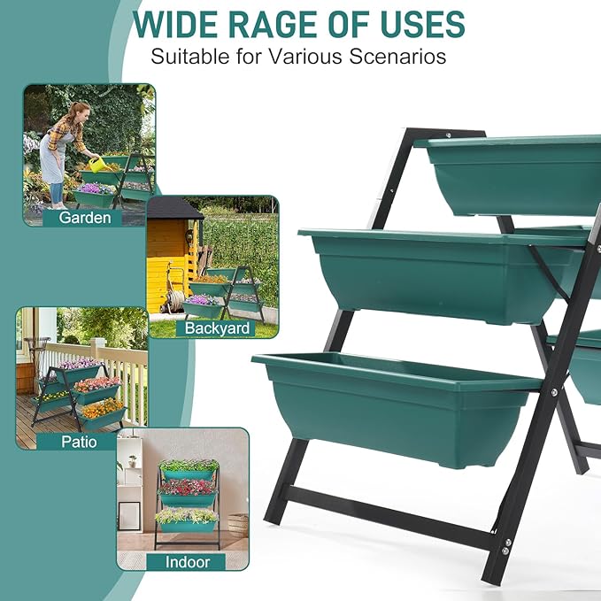 3 Tier Vertical Raised Garden BedPlastic &amp Metal Tiered Planter StandFoldable Indoor/Outdoor Plant Display RackFlower Planter Raised Standwith 5 Boxesfor Patio Lawn Porch Yard Balcony (Green)