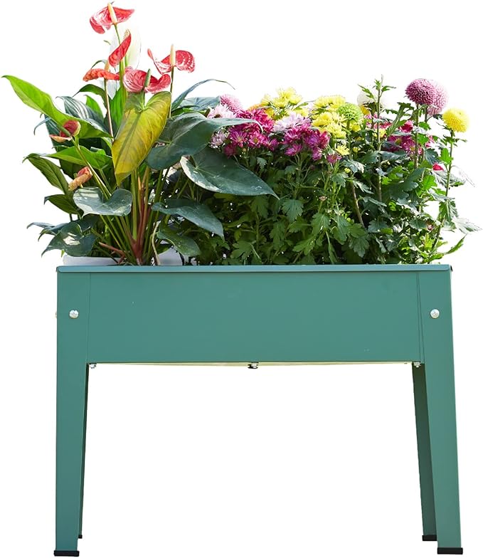 Raised Garden Bed Elevated Planter Green Metal Plant Box with Legs Standing Garden Stand Drainage Holes Green
