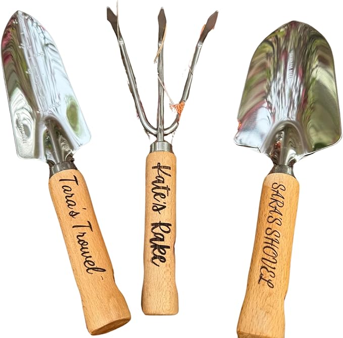 Personalized Garden Tools Gift Set for Gardeners - Custom Gardening Wooden Shovel Trowel &amp Rake with Bag