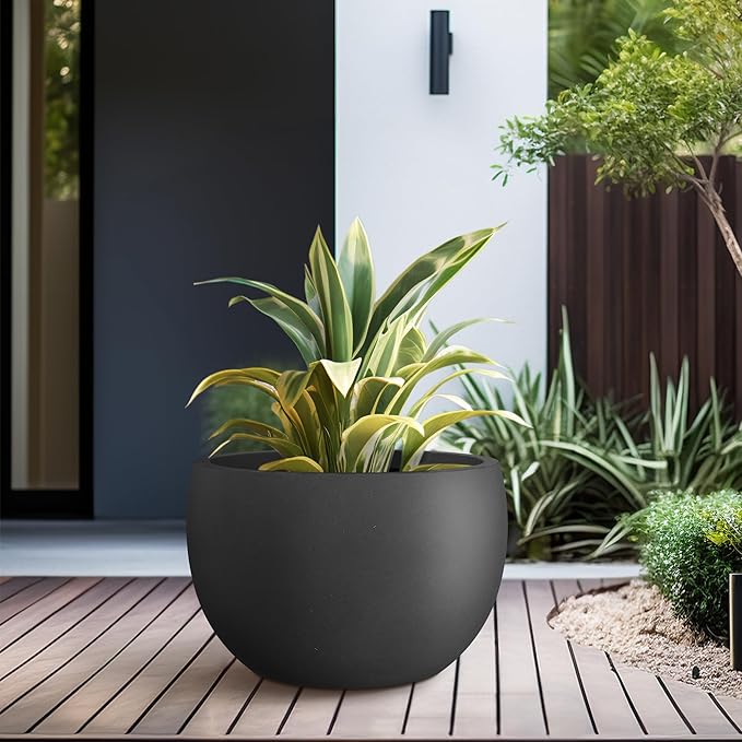 Kante 15.7 Dia Round Concrete Planter Outdoor/Indoor Large Bowl Plant Pots with Drainage Hole and Rubber Plug for Garden Patio Balcony Home Black