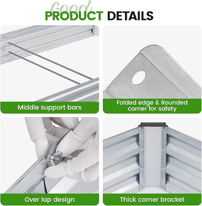 G GOOD GAIN 12x4x1ft Galvanized Raised Garden Bed Heavy-Duty Metal Planter Boxes Outdoor for Vegetables Flowers Herbs Silver(1 Pack)