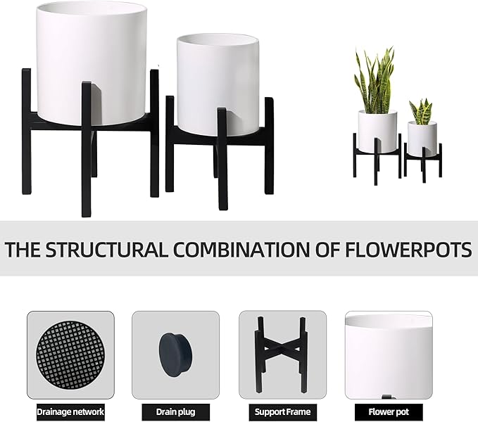 Plant Pot with Stands Set of 2 Mid Century Planters for Indoor Plants Modern Decorative Flower Pots for Balcony Office Living Room or Garden with Drainage Plug 12 inch &amp 10 inch