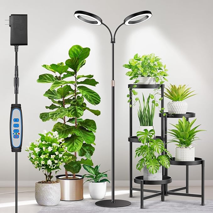 Large Plant Light for Indoor Plants 2 Head Full Spectrum Grow Light with 68 Adjustable Stand for Growing Large Tall Plants Black Halo Floor LED Grow Lamp with 16 Hour Timer