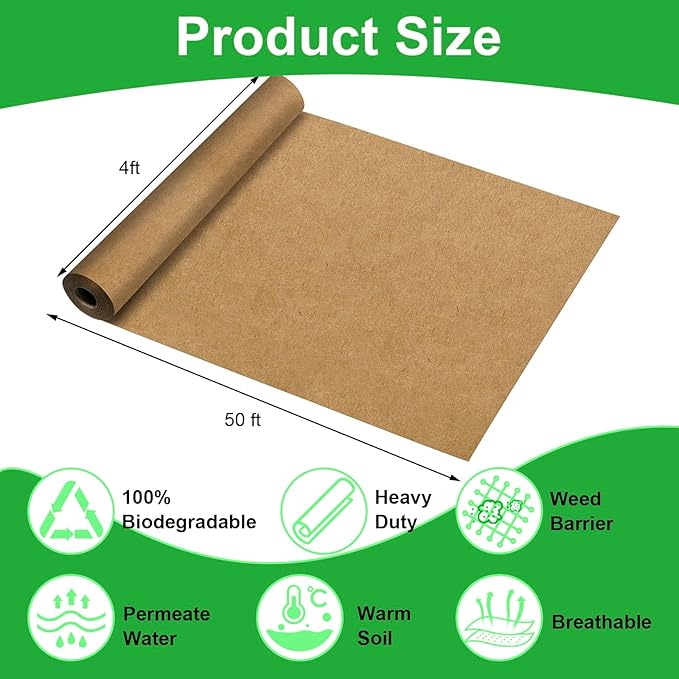 Biodegradable Paper Weed Barrier Roll Thickened Tear Resistance Garden Weed Barrier Heavy Duty Garden Paper Weed Control Landscape Paper Mulch Weed Mat for Outdoor Garden Lawn (4 x 50 FT)