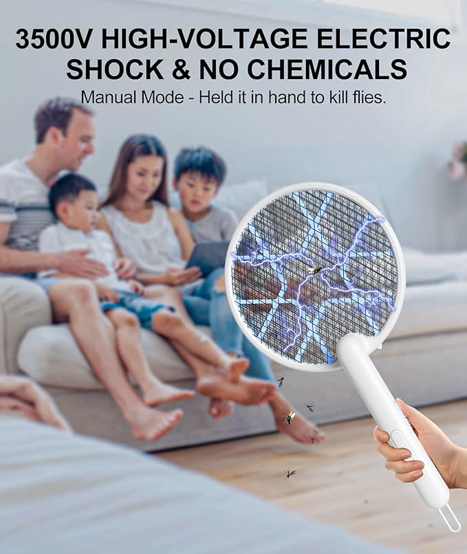 Electric Fly Swatter Foldable Bug Zapper Racket 3500Volt Mosquito Killer Electronic Fly Zapper w/Purple Light Attractant for Home Indoor Outdoor Large Size White
