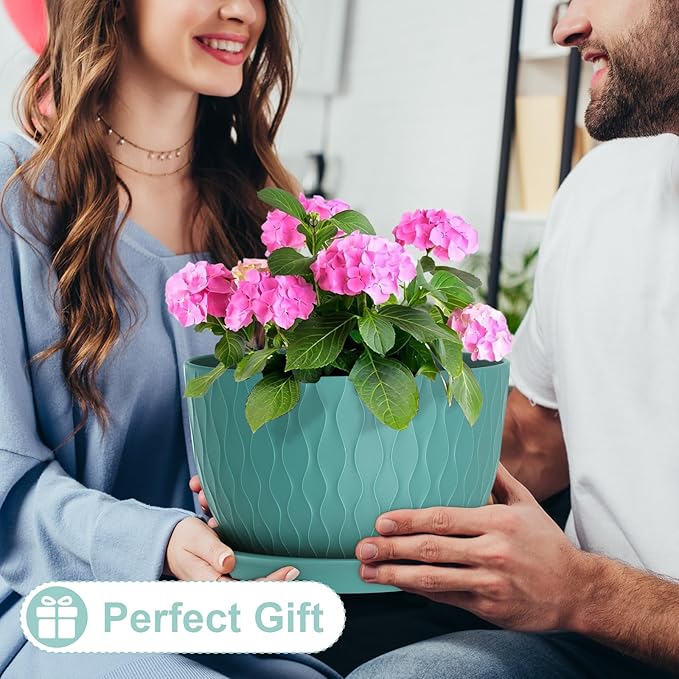 12 Inch Large Plant Pots for Indoor or Outdoor Plants Wide Water Ripples Flower Pots with Drainage Holes &amp Saucer Plastic Planters Set for Garden &amp Home Decor (Blue Green)