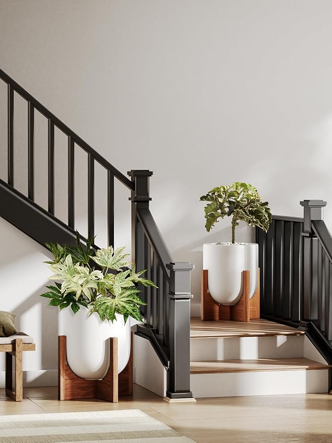 LE TAUCI 10 Inch Plant Pot with Acacia Wood Stand Ceramic Planters for Indoor Plants Unique Plant Pots Indoor for Home Decor Mid-Century Modern Pots for Plants with Drainage Hole and Plug White