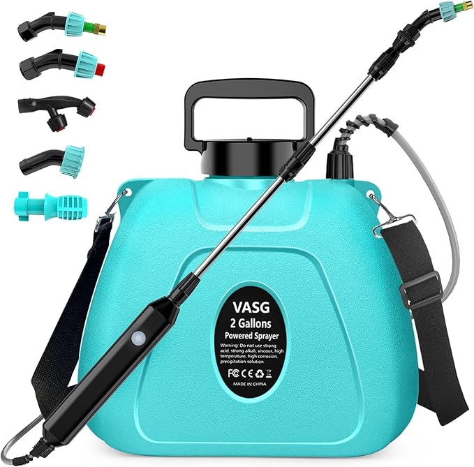 2 Gallon Battery Powered Garden Sprayer Electric Backpack Sprayer Garden Yard Lawn Sprayer with 5 Mist Nozzles &amp Retractable Wand &amp Adjustable Strap for Lawn Weed Yard