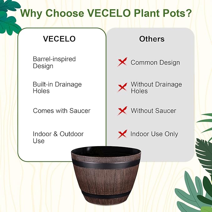 VECELO Plant Pots with Drainage Holes &amp Saucer 13 Inch Flower Pots with Tray 3 Pack Plastic Whiskey Barrel Planters for Indoor &amp Outdoor Garden Home Plants and Flowers