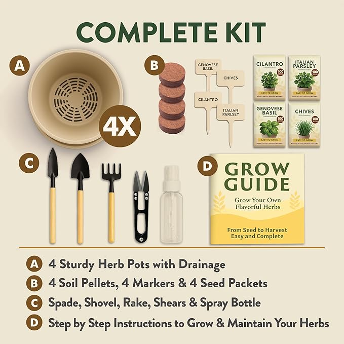 HOME GROWN Herb Garden Planter Indoor Kit – Unique Christmas Gift for Adults Men &amp Women - Grow 4 Heirloom Herb Seeds on Kitchen Window – Beginner DIY Craft &amp Hobby Gardening Gift for Plant
