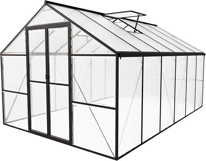 8 x 12 FT Outdoor Greenhouse Heavy-Duty Polycarbonate Greenhouse with Aluminum Frame Lockable Door Adjustable Roof Vent Walk-in Green House for Backyard Garden Patio
