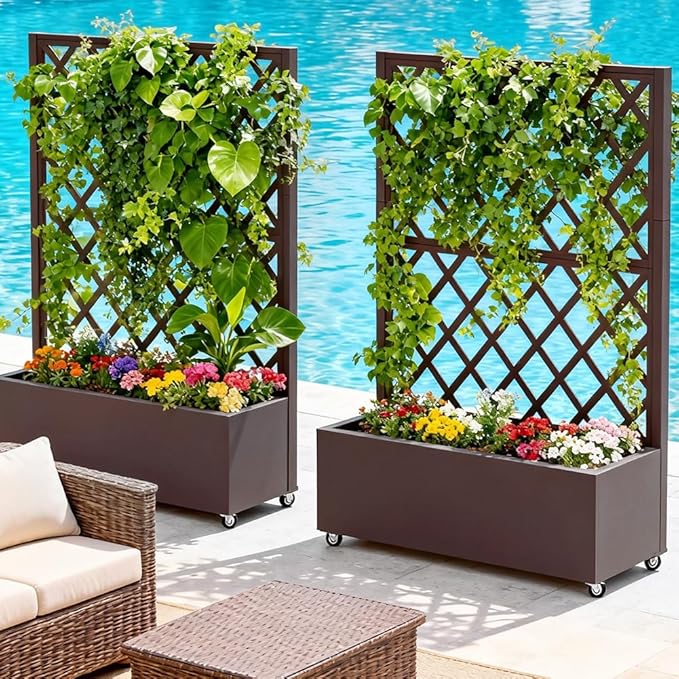 Metal Planter Box with Privacy Screen TrellisGalvanized Raised Garden Bed On Wheels for Climbing Plants Vines Standing Garden Flower Bed with Drainage Holes(Espresso 35 L x16 W x 55 H)