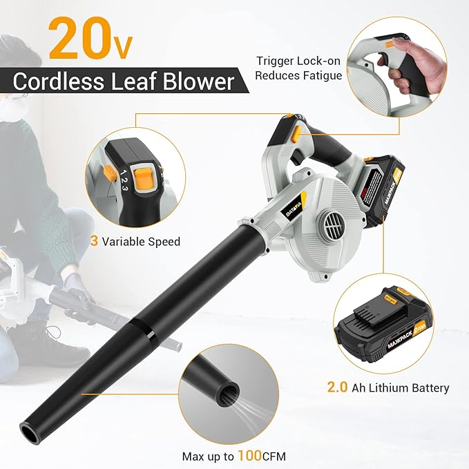 Leaf Blower Cordless with Battery and Charger - 20V Electric Cordless Blower with 3 Speed|100CFM|170MPH 2.0Ah Lightweight Battery Powered Small Leaf Blower for Lawn Care Patio Dust Blowing Leaves