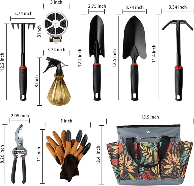Giftable Garden Tools Set Adjustable Yard Tool Storage Tote Bag Alloy Gardening Tools with Non-Slip Ergonomic Rubber Grip for Digging Planting and PruningIdeal Gardening Gift for Women