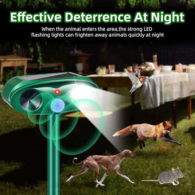 2026 Upgraded Solar Ultrasonic Animal Repellent Outdoor Cat Deer Repellent with Motion Sensor Strobe Light IP65 Waterproof Repeller Keep Rodent Squirrel Raccoon Opossum Skunk Out of Yard Farm4 Pack