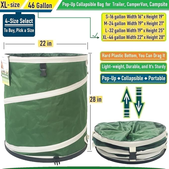 46-Gallon Collapsible Trash Can (22x28 in) Hard-Shell Bottom Yard Garden BagBig Leaf BagYard Waste BagDebris ContainerPop-Up Recycling BinCamping Waste BinLaundry HamperLawn GrassWeeds Barrel