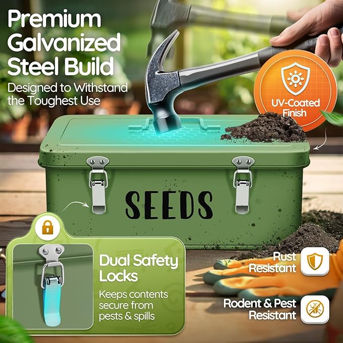 Flexzion Seed Saving Box - Metal Seed Storage Organizer Box with Lid 4 Spacious Compartments Storage Bin for Garden Tools &amp More with Safety Locks Green