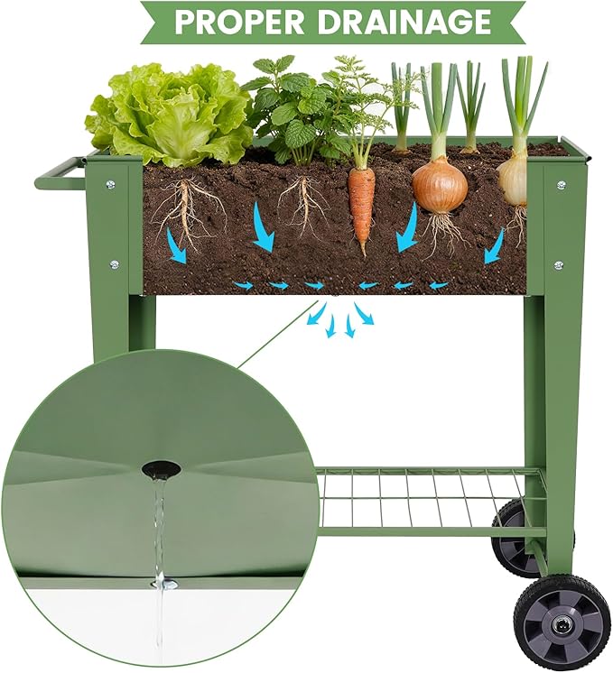 Tall Raised Garden Bed Outdoor with Wheels Metal Elevated Raised Planter Box with Drainage Holes for Vegetables Flower Herbs(Green)