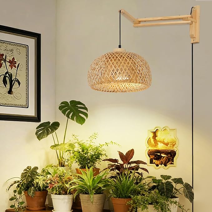 HMVPL Hanging Grow Lights for Indoor Plants Full Spectrum Boho Plant Lights for Indoor Growing with 20W COB Grow Light Bulb Bamboo Wall Mounted Grow Light with Swing Arm Timer for Large Small Plant