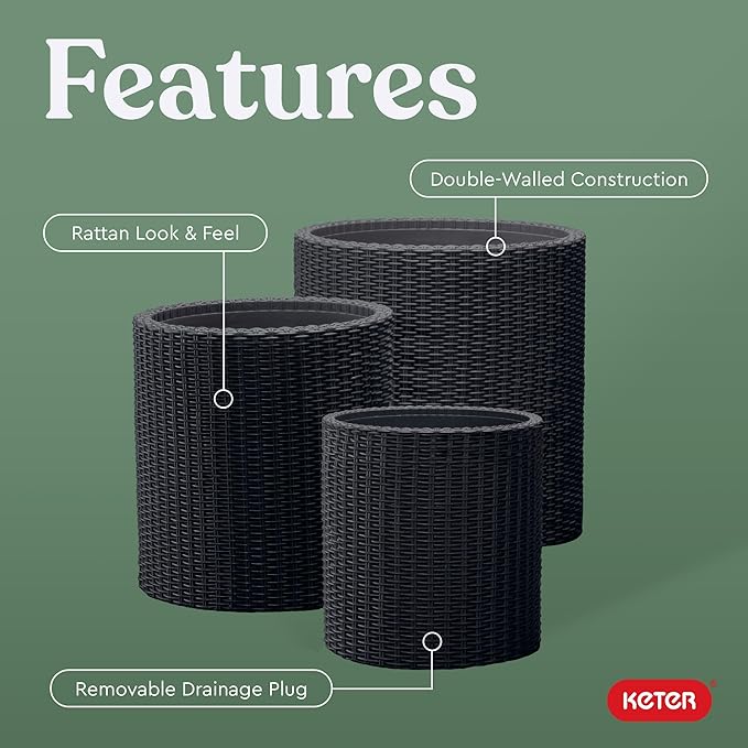 Keter Cylinder Set of 3 Rattan Resin Planter for Indoor and Outdoor Plants Ideal Decorative Planter for Porches and Patio Decor Black