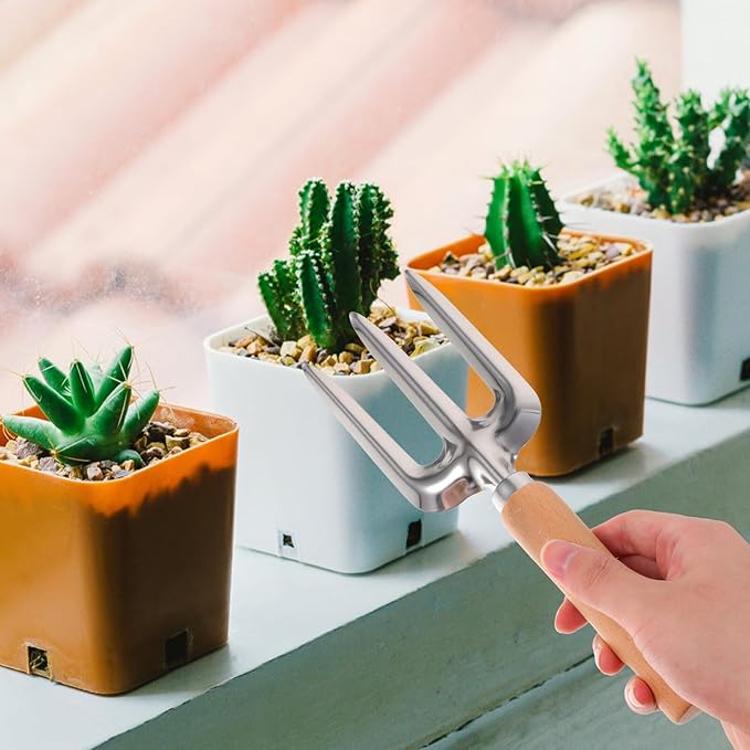 Kichvoe Garden Tool Set with Wooden Handle Hand Shovel and 4pcs Rake Kit for Gardening Including Wide Trowel Pointed Shovel Three-Prong Rake and Cultivator Suitable for Planting