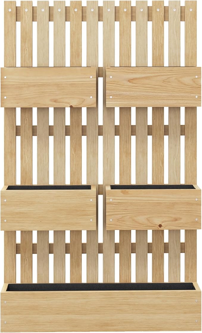 5 Box Raised Garden Bed with Trellis for Vine Flowers &amp Climbing Plants 39 Tall Wall-Mounted Wood Planter Box Set with Adjustable Height Drainage Hole Natural