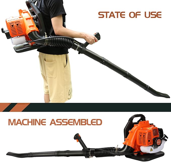 Backpack Leaf Blower 52CC 2-Stroke Gas Powered Backpack Leaf Blower 1.25KW High Power for Blowing Leaf Cleaning Dust with 1.2L Fuel Tank Adjustable Offset Handle Ergonomic Harness System 550CFM