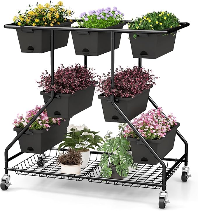 Giantex Rolling Raised Garden Bed w/ 7 Planter Boxes Storage Baskets Drainage Holes 4 Lockable Casters 3-Tier Freestanding Elevated Planter for Strawberry Vegetable Flower Herb