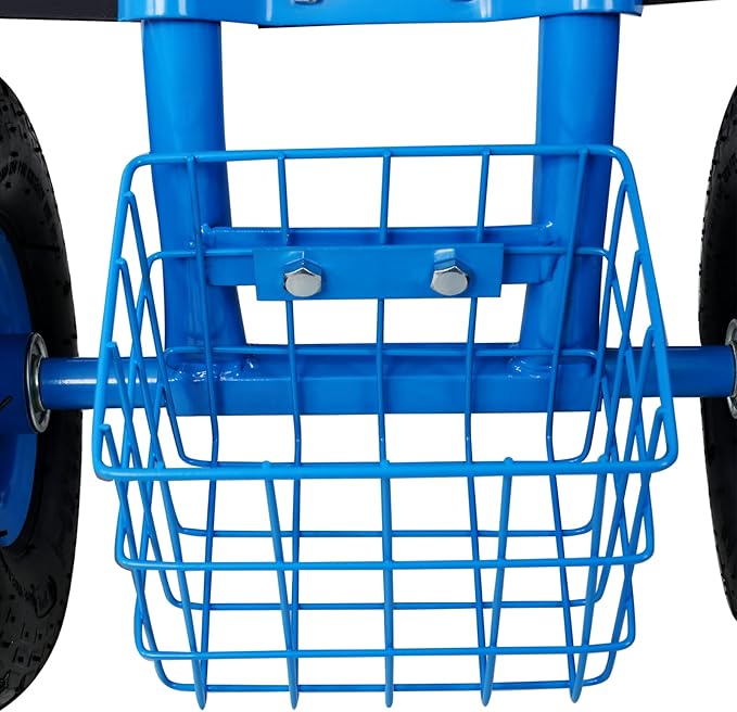Rolling Garden Cart Wagon Scooter Lawn Yard Patio Work Seat Gardening Stool Cart with Extendable Steer Handle and Storage Basket Adjustable 360° Swivel Seat (Blue)