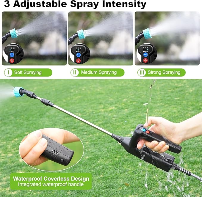 Battery Powered Sprayer Wand 32 Inch Garden Sprayer Telescopic Wand with 3 Adjustable Speeds Battery Indicator 26.2 FT Hose 7.4V Rechargeable Water Sprayer Wand with 4 Adjustable Nozzles &amp Fil