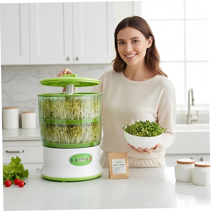 Bean Sprouts Grow Kit 2-Tier Large Capacity Seed Sprouting Kit with 360° Spray 3 Modes for Indoor Gardening Green Sprout Growing