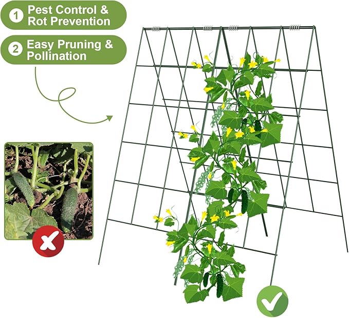 Amoskey Cucumber Trellis Garden Trellis for Climbing Plants Outdoor Foldable A-Frame Trellis Cucumber Trellis for Raised Bed for Cucumbers Peas or Tomatoes (Green Bold Large Grid 46''H*36'W)
