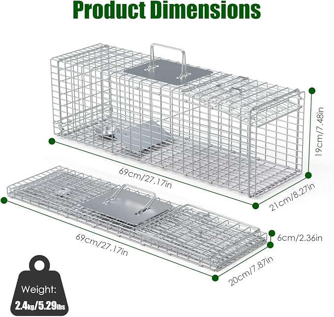 Live Animal Trap Cage 27 Heavy-Duty Folding Catch and Release Steel Humane Cat Trap for Racoons Stray Cats Rabbits Beavers Hedgehogs Chipmunk Small Wildlife Control