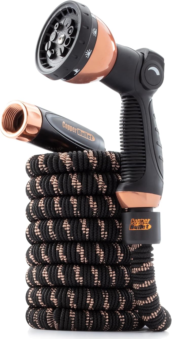 Pocket Hose 25 FT Copper Bullet Expandable Garden Hose w/10 Pattern Thumb Spray Nozzle AS SEEN ON TV 650psi 3/4 in Patented Lead-Free Ultra-Lightweight Solid Copper Anodized Aluminum