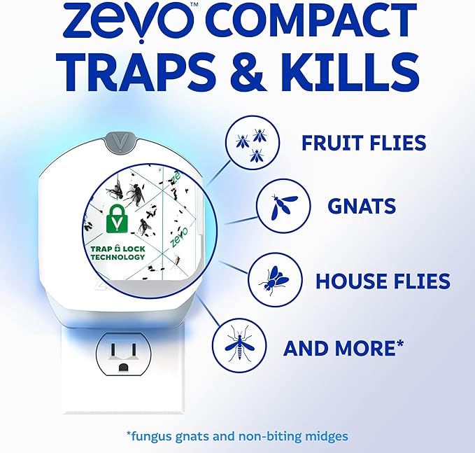 Zevo Compact Flying Insect Trap Kit with Refill Cartridges - Plug-in Indoor Bug Catcher for Gnats House &amp Fruit Flies - Blue + UV Light Technology No Odor No Mess (1 Plug-in Device + 3 Cartridg
