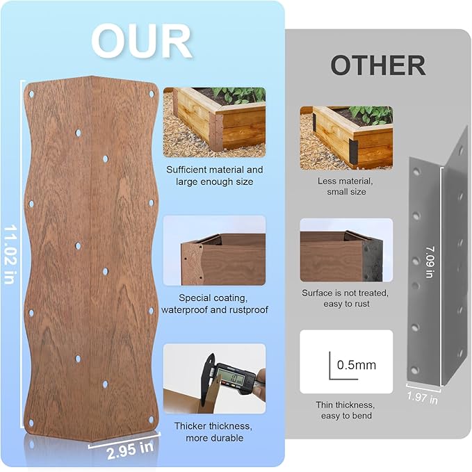 Set of 8 Raised Garden Bed Corner Brackets with Wood Screws Rust Resistant Metal Connectors 11 x 3 x 3 for 20-24 Beds Raised Bed Corners for Vegetable Planter Garden Wood Grain