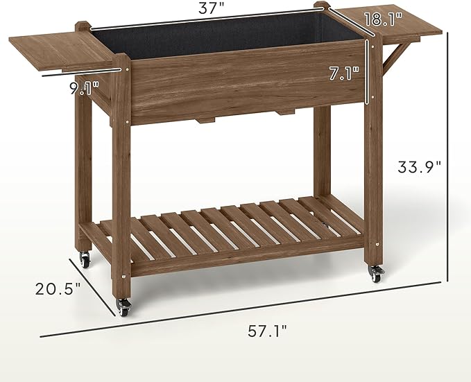 Durable Wood Raised Garden Bed with Lockable Casters Side Platforms Lower Shelf Full Drainage Holes Carbonized Surface