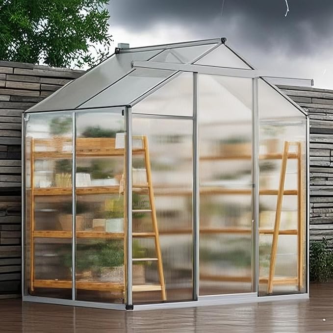 VEVOR Polycarbonate Greenhouse 6 x 4 Ft Outdoor Greenhouse with Adjustable Vent Windows Pavilion Styled Green House with Sliding Door Aluminum Large Walk-in Greenhouses Kit for Garden Backyard