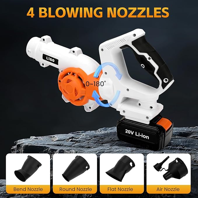 LIGO 20V Cordless Leaf Blower with 4.0Ah Battery High-Speed Dual Fan 3-Speed Memory &amp 180° Handle 4 Nozzles with Extension Tube for Lawn Workshop Desktop