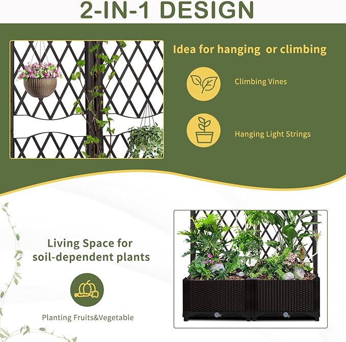Raised Garden Bed with Trellis Outdoor Free-Standing Trellis Planter Box with Drainage Holes Privacy Planter for Patio Above Ground Elevated Garden Bed for Outdoor Climbing Plants Vines (Brown)