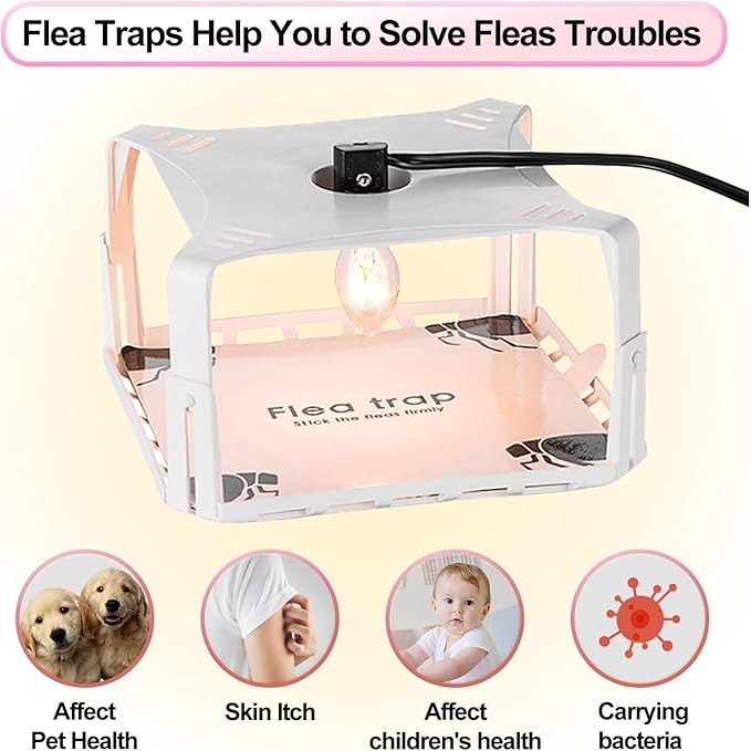 Flea Traps for Inside Your Home 2 Packs Flea Trap with Light for Indoor Bed Bug Flea Killer Pest Control Non Toxic &amp Harmless Friendly to Pets &amp Kids with 6 Sticky Refills and 6 Lightbulb