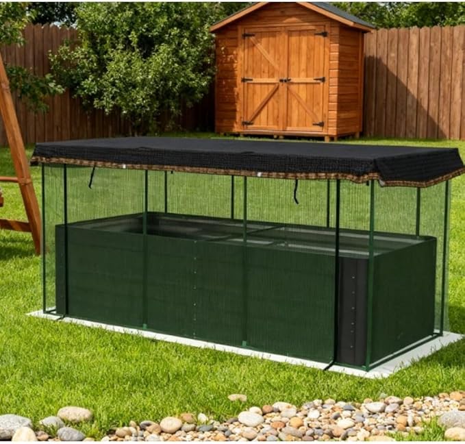 Heavy-Duty Galvanized Steel Raised Garden Bed with Integrated Crop Cage and Adjustable Shade Cloth for Outdoor Vegetable and Flower Growing (Dark Green + HDPE + Steel-1)