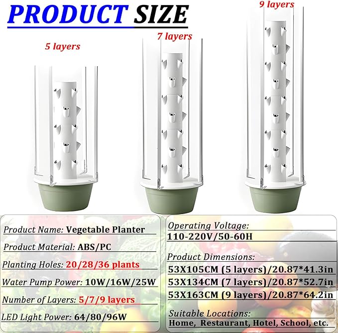 20/28/36 Pods Hydroponics Growing System Kit Vertical Garden Planter with Grow Lamp Adjustable Hydroponic Garden Hydroponics Growing Tower 9layers