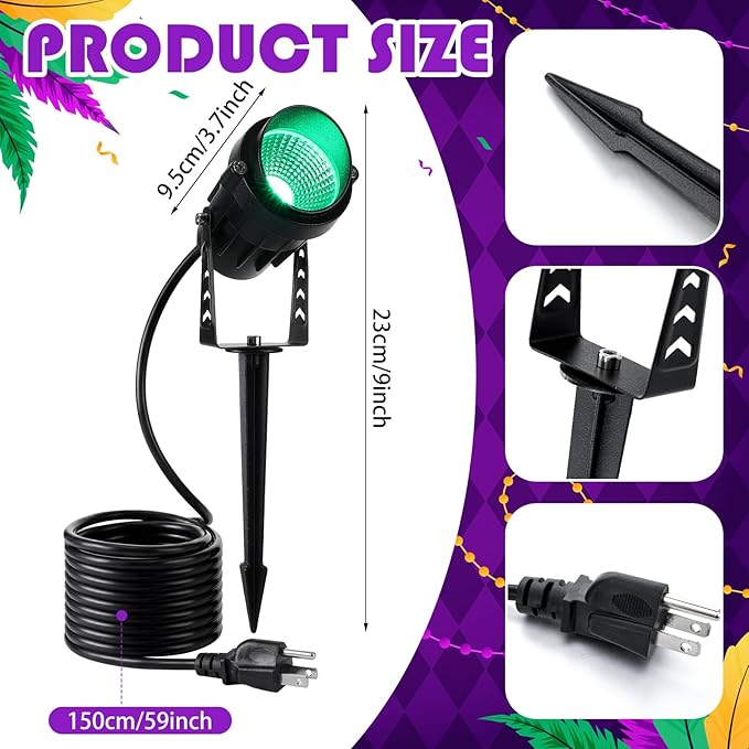 3 Pcs Mardi Gras Spotlight Outdoor Decorations Purple Green and Gold Spotlight Plug in Waterproof Spot Lights Landscape Lighting Carnival Lamp Yard Sign for Garden Outside Porch Supplies