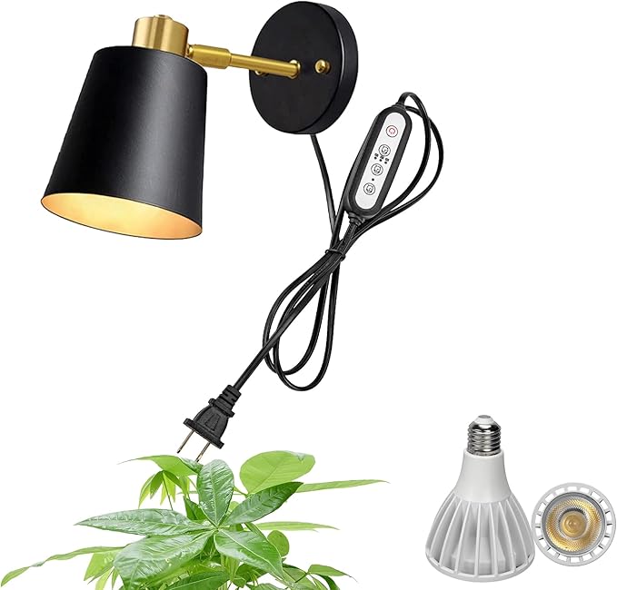 Hook Type Wall Mounted Plant Light Full Spectrum White Light 6000K 25W Bulb Black Modern Plug in Cord Timing Wall Lamps for Indoor Growing Plants Flowers