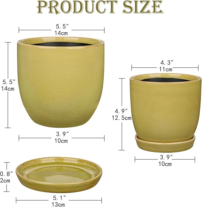 Ceramic Plant Pots 5 Inch + 4 Inch Set of 2 Flower Plants Pot with Drainage Holes and Saucers Tray Planter Garden Pot for Succulent Cactus Home Decoration Gift Indoor Outdoor Green