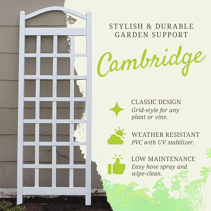 Dura-Trel Cambridge Vinyl Trellis Outdoor Plant Support Frame 28 x 75 White - Decorative Grid-Style Lattice for Climbing Vines &amp Flowers Use Against Walls Fences or Freestanding