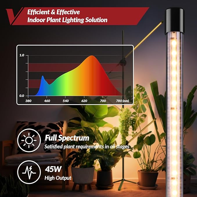 Grow Light with Stand for Indoor Plants 3 Head 45W 168 LEDs Full Spectrum Adjustable Plant Light 59'' H Tall Premium Aluminum Tripod Floor Stand for Indoor Gardening and Home Decoration