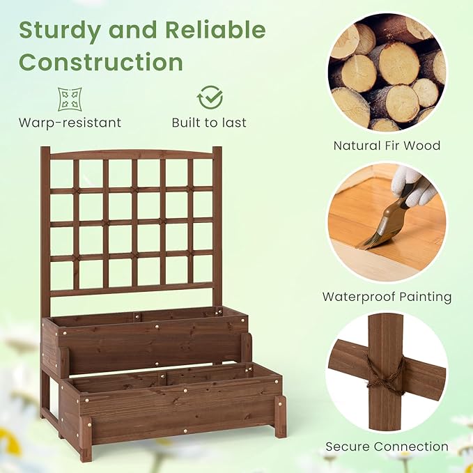 HAPPYGRILL Raised Garden Bed with Trellis Drainage Holes 2-Tier Wooden Elevated Planter Box w/Legs for Climbing Plants Vine Flower Herb Vegetable Fruit Outdoor Garden Box for Patio Balcony (2)