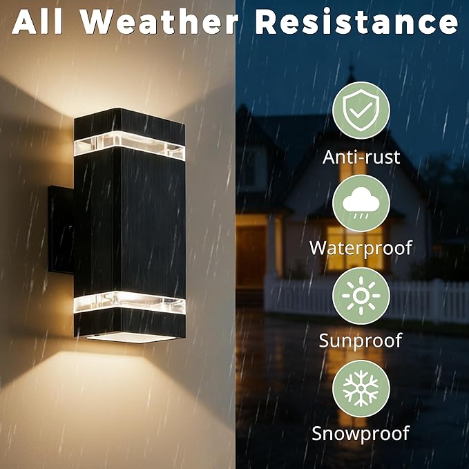 Square Outdoor Wall Lights Up and Down LED Porch Lights Aluminum Exterior Lighting Fixtures with 2 * 7W Bulbs 3000K Waterproof Outdoor Sconces Wall Lighting for House Porch Garage Patio Black